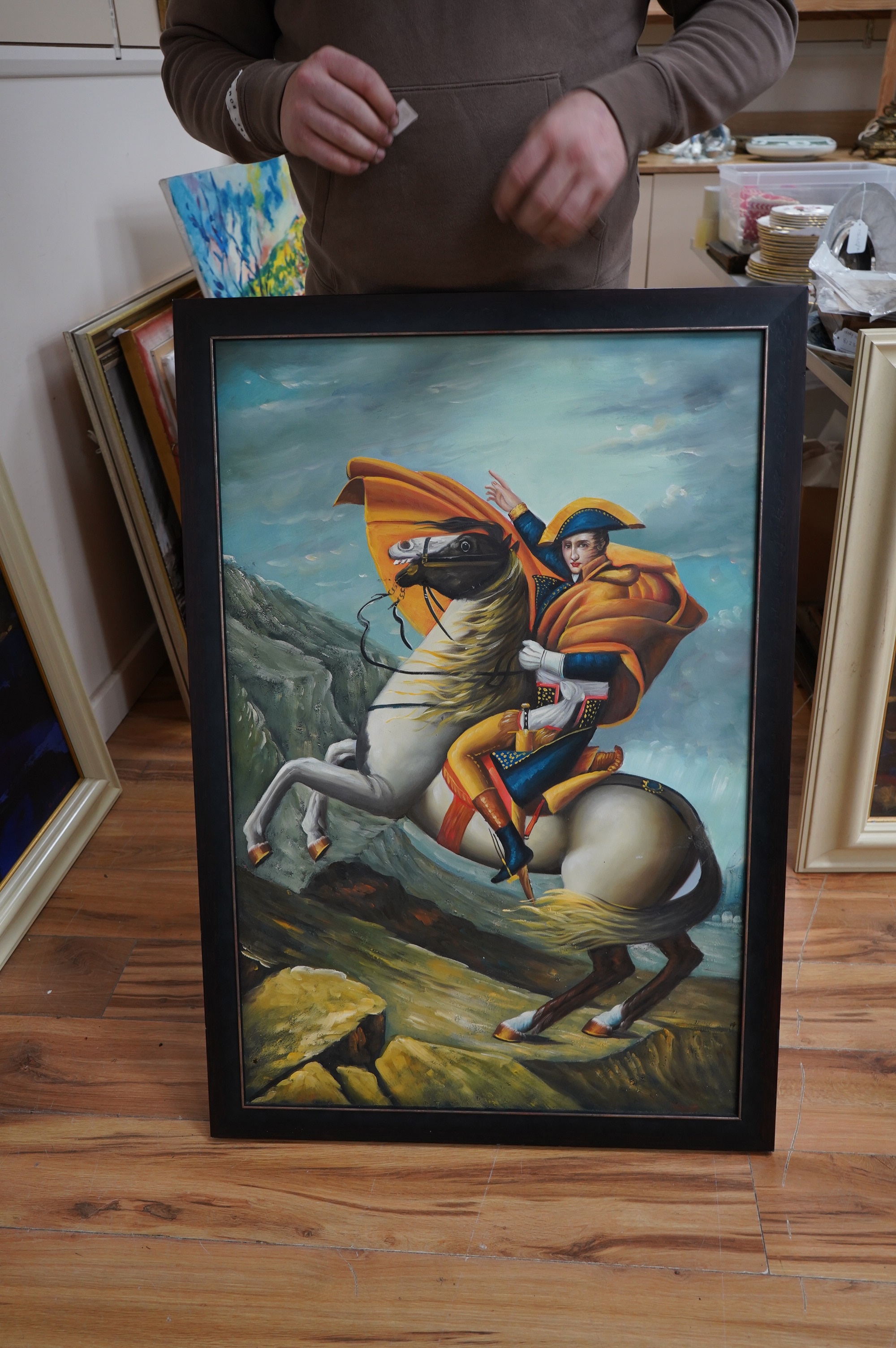 A modern, decorative oil on canvas, Napoleon Bonaparte on horseback, 90 x 60cm. Condition - good